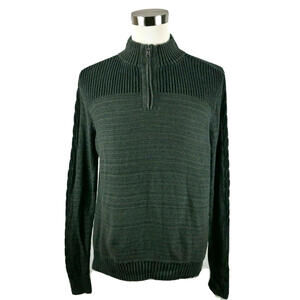 Rock & Republic Mens Knit 1/4 Zip Army Green Black Striped Sweater L